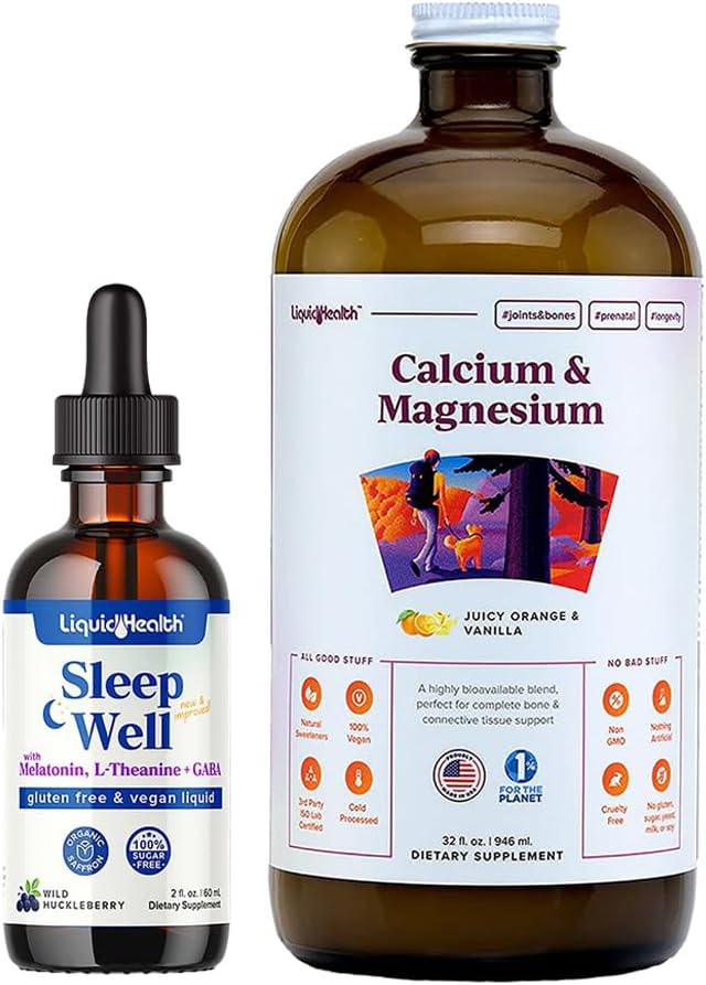 LIQUIDHEALTH Miega labi Melatonīna pilieni & kalcija un magnija šķidrās locītavas papildinājums Bandle - Dabīgs augu miega palīglīdzeklis, veicina relaksāciju, kaulu, audu, & locītavu atbalsts - USA Made, Vegan, Non-GMO