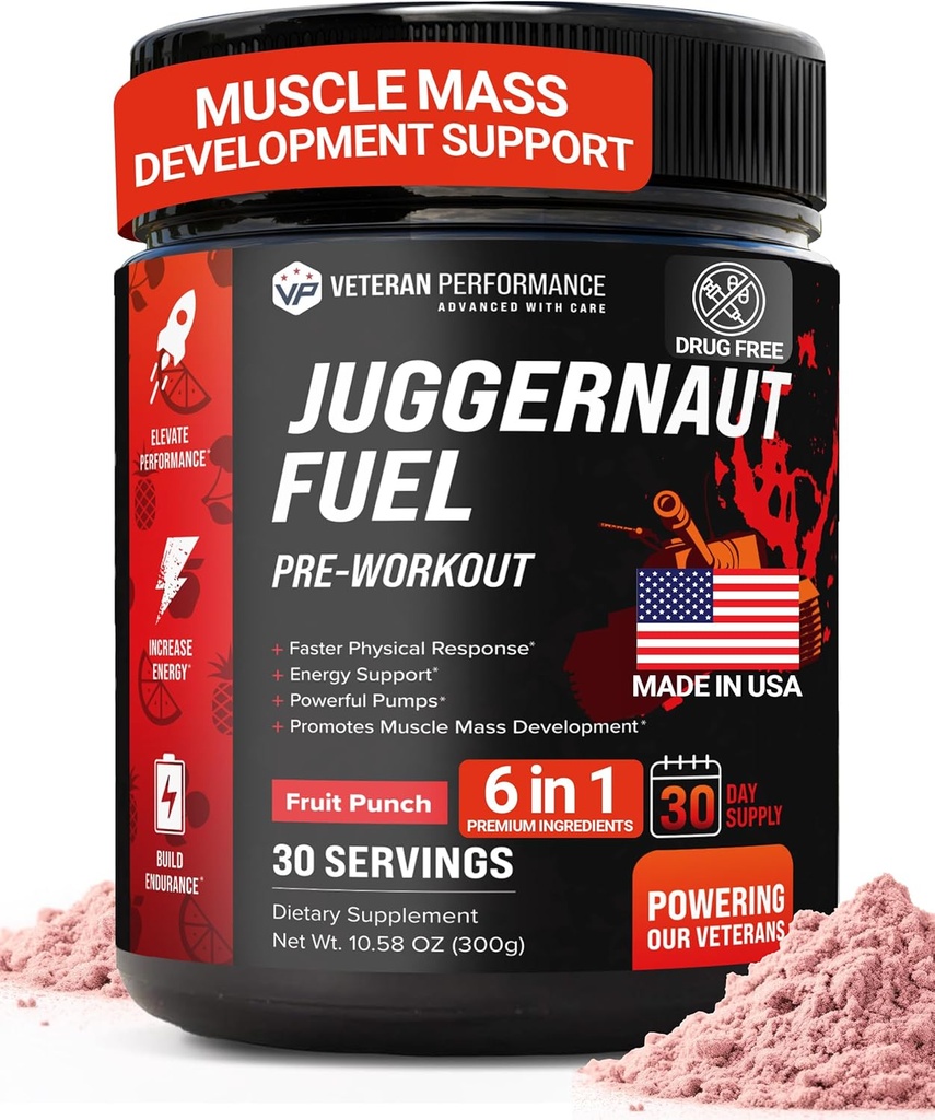 "Juggernaut Fuel Preworkout". Bez cukura, bez mākslīgiem saldinātājiem, bez kreatīna formula ar beta-alanīnu enerģijai un hidrācijai. Ražots ASV.