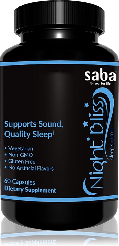 Saba Night Bliss Dabisks Miega Palīglīdzeklis ; Ne-Habit Forming ; Miega papildinājums ilgākam miegam un stresa mazināšanai w/magnijam, Melatonīnam, GABA, kumelītēm un valeriānam (60 Vegan kapsulas, 30 dienu piegādes)