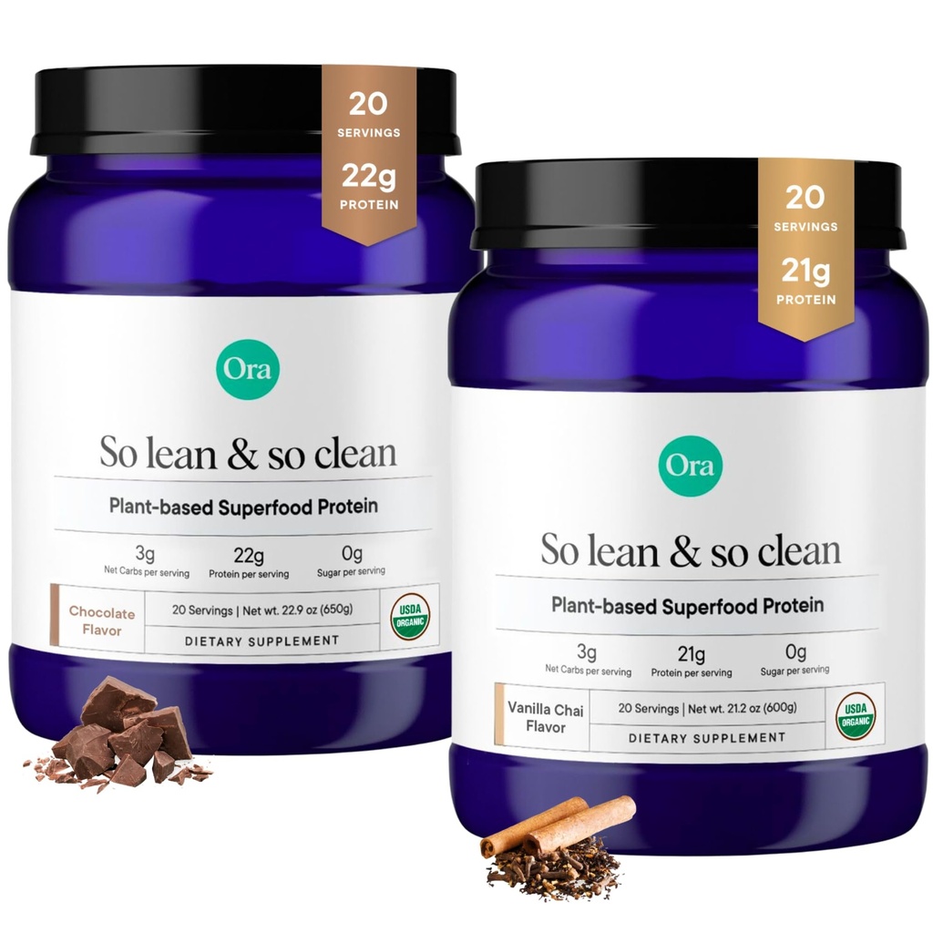 Ora Organic Vegan Protein Powder Vanilla Chai & Chocolate Bundle: 21g Augu bāzes proteīna pulveris, Vanilla Chai Flavor, 20 Servējumi + 22g Augu bāzes proteīns, Šokolādes Flavor, 20 Servējumi