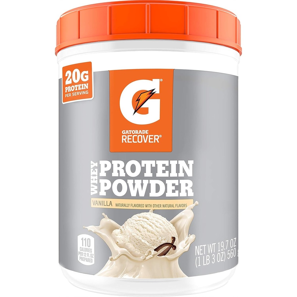 Gatorade Whey Protein pulveris, 20 Kalpojumi Per Canister, 20 g olbaltumvielu Per Servē, Vanilla, 19.7 Oz
