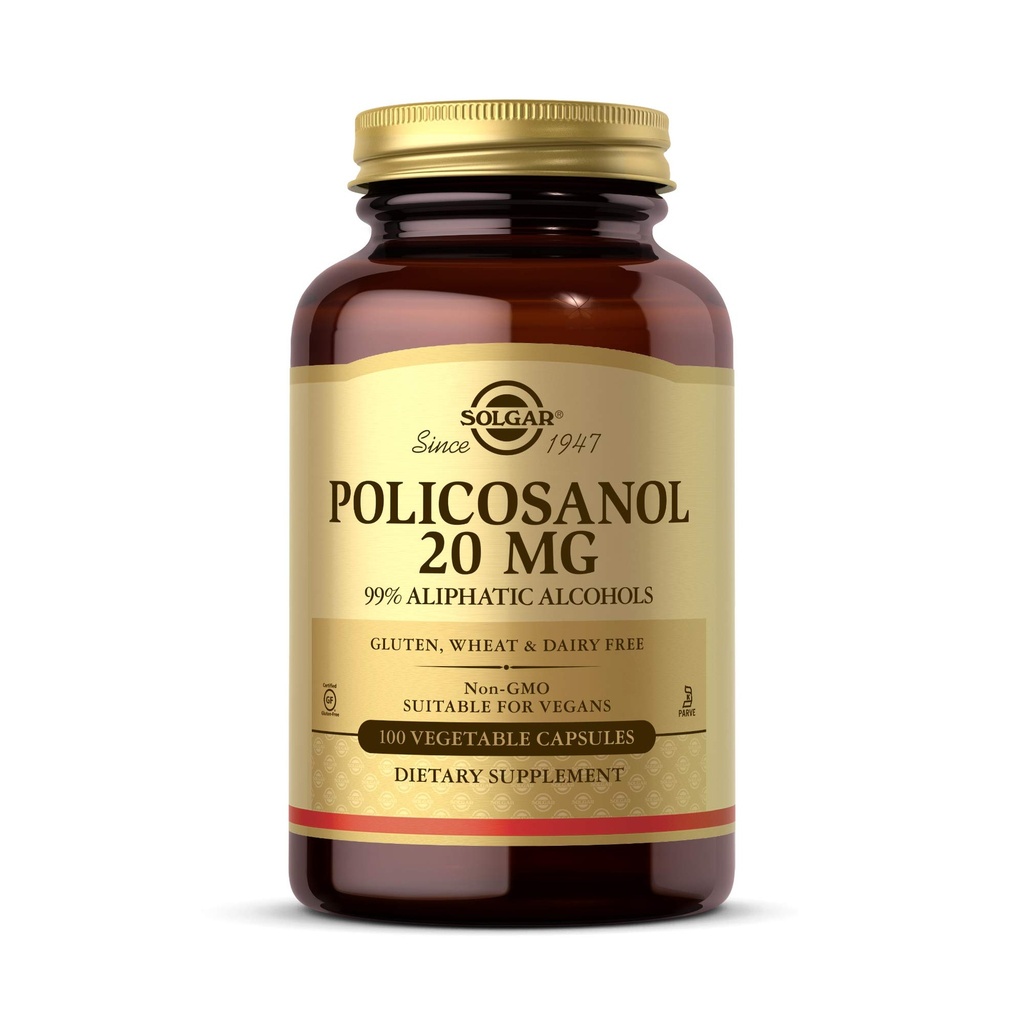 Solgar Policosanol 20 mg, 100 Dārzeņu kapsulas - Atbalsta sirds veselību - Vispārējā labsajūta - Vegan, bez lipekļa, bez piena, Kosher - 100 Kalpo