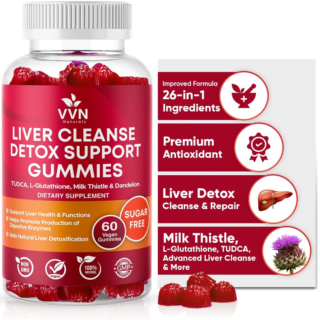 VVNaturals Bezcukura 26-in-1 Aknu tīrīt Detox & Remonts Tauku aknu formula Gumies; 3000mg Blend of Glutatione, Silymarin Milk Thattle, Holīns, TUDCA ; Aknas Detox Gumies - 60 Vegan Ct