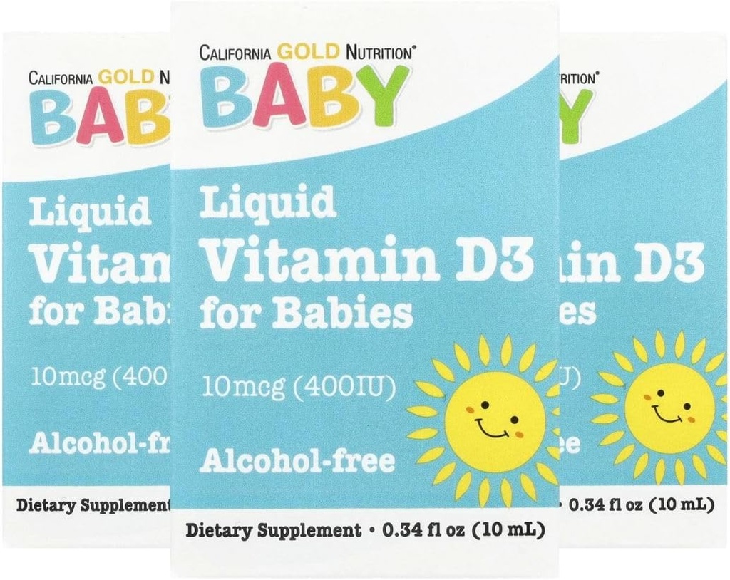 California Gold Nutrition Baby Vitamīns D3 - Šķidrais D3 Papildinājums zīdaiņiem, Veģetārietis Friendly - Attīstības atbalsts - Alkohols un glutēns Bez, Ne-GMO - 10 μg (400 SV) - 0,34 fl oz (10 ml), 3