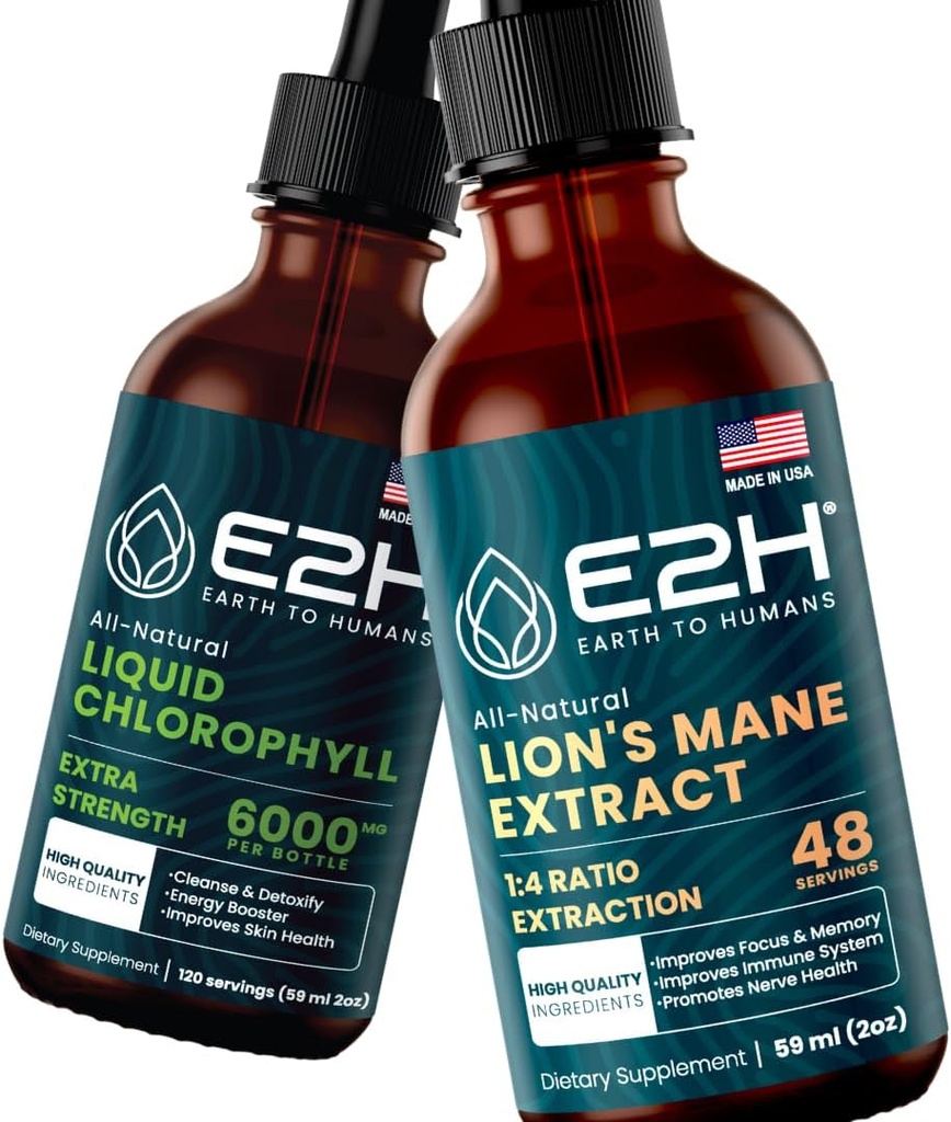 E2H: šķidrs hlorofils un lauvas mannas sēnes          ; vegāns, ne-ĢMO - 2 Fl Oz Katrs (4 Fl Oz kopā) - paka