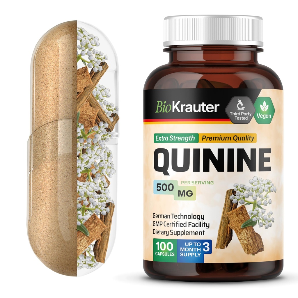 BIO KRAUTER Hinīns kāju krampjiem Kapsulas 500 mg - 100 Skaits - Cinchona Bark Pulveris - Hinīna kapsulas - Vegāns, bez pildvielām