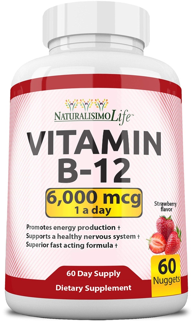 NaturalisimoLife vitamīns B12 6000 μg – Ātri izšķīdina zemeņu Flavor Nuggets – 60 Nuggets, ne-GMO, Vegan, bez lipekļa