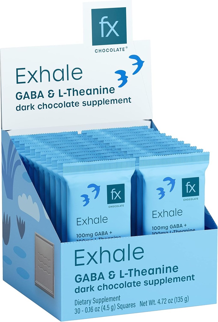 Fx šokolādes ekshalācija - relaksējoša šokolādes papildinājums, lai atbalstītu mierīgu un stresa reakciju - bez cukura GABA + 100 mg L-teanīna - Keto Tumšā Šokolāde - Vegan + ne-GMO (30 gabali)