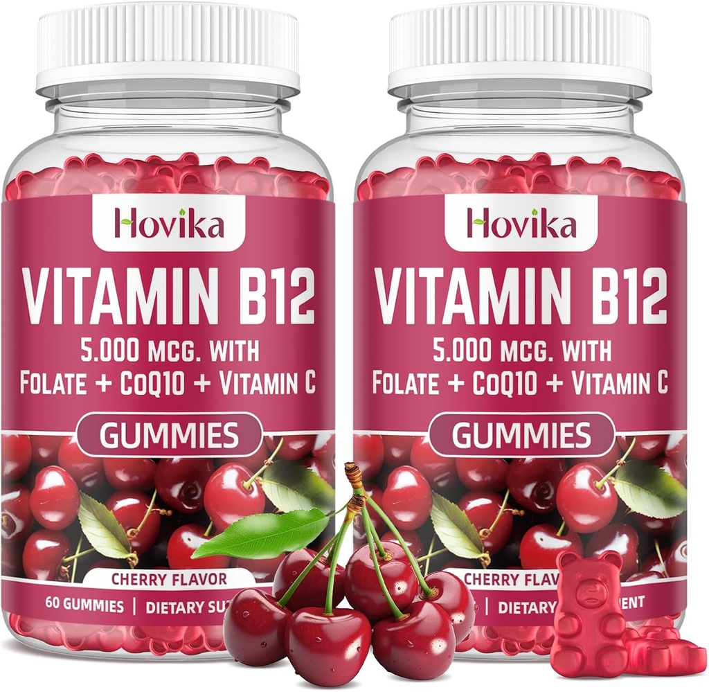 B12 vitamīns komplekss 5000 μg Metil- B12, adenozil- B12 un hidroksi- B12, ar koenzīmu Q10, folijskābi, C vitamīnu, košļājamu B 12 enerģijas atbalstam, vielmaiņu, kaulu veselību - Ķiršu Flavors, 2 iepakojumi