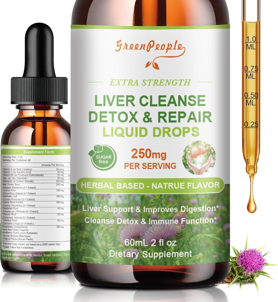 GREENPEOPLE Aknu tīrīšana Detox un remonta pilieni - Aknu papildinājums w/Milk Thistle Silymarin, Artichoke & Dandelion aknu Detox & Support- 16x potents Herb-Nutrients - 2Fl Oz Dabīgs Flavor