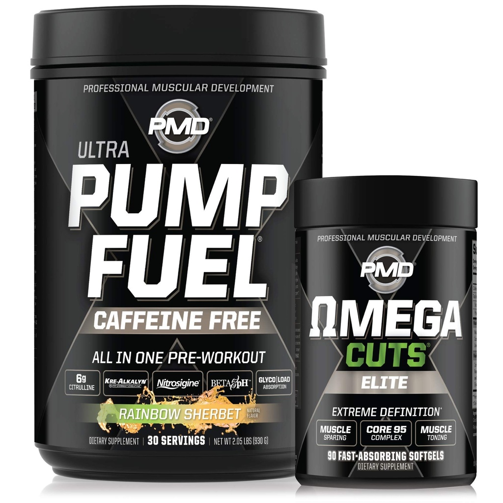 PMD sporta Ultra sūknis Degviela bez kofeīna - pirms treniņa – Varavīksnes šerbets (30 Kalpojumi) Sports Omega Cuts Elite Termogenic Fat Burner (90 softgels)