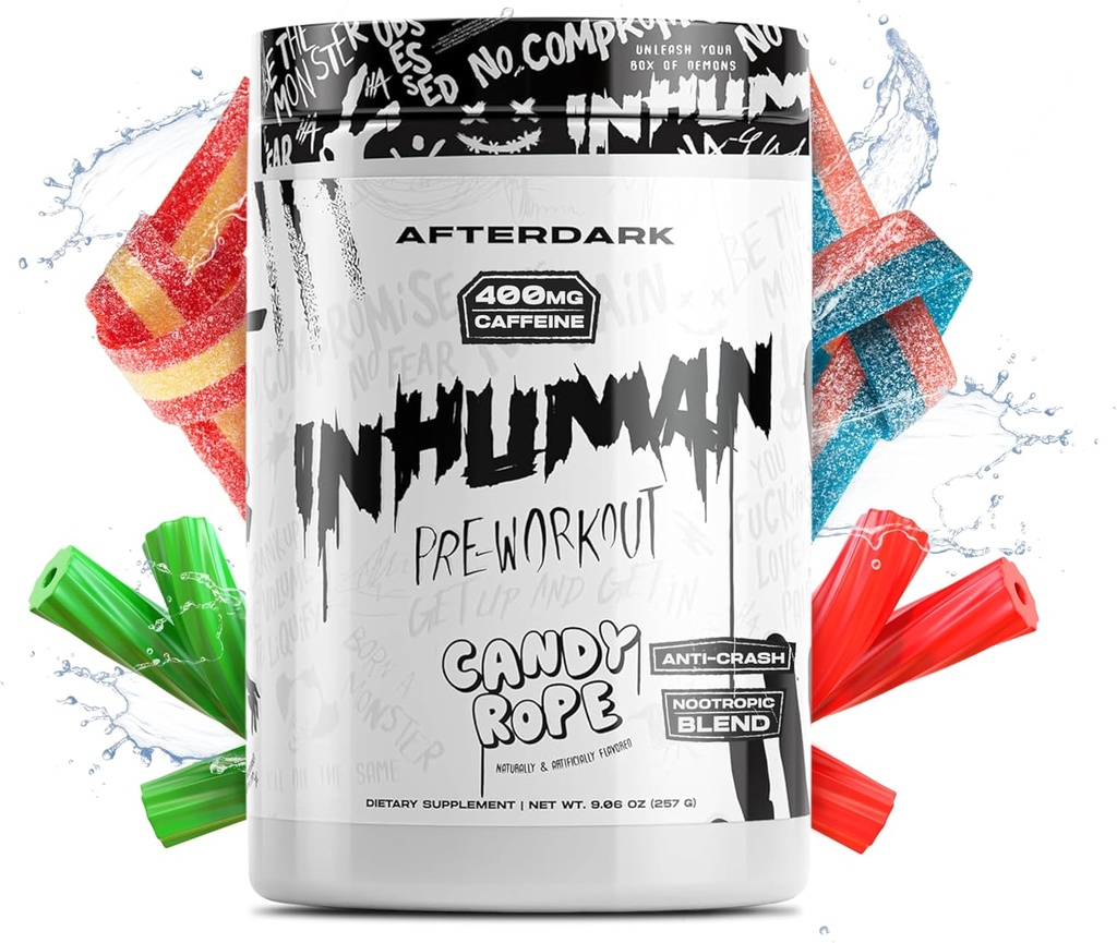 PĒC DARK INHUMAN pirms-Workout Pulveris, Uzlabota Mind-Muscle Savienojums, Ilgstoša enerģija, Potent Nootropic Blend, Vegan, Gluten-free, Soy-free, 400mg Kofeīns, Nav Crash, Candy Rope