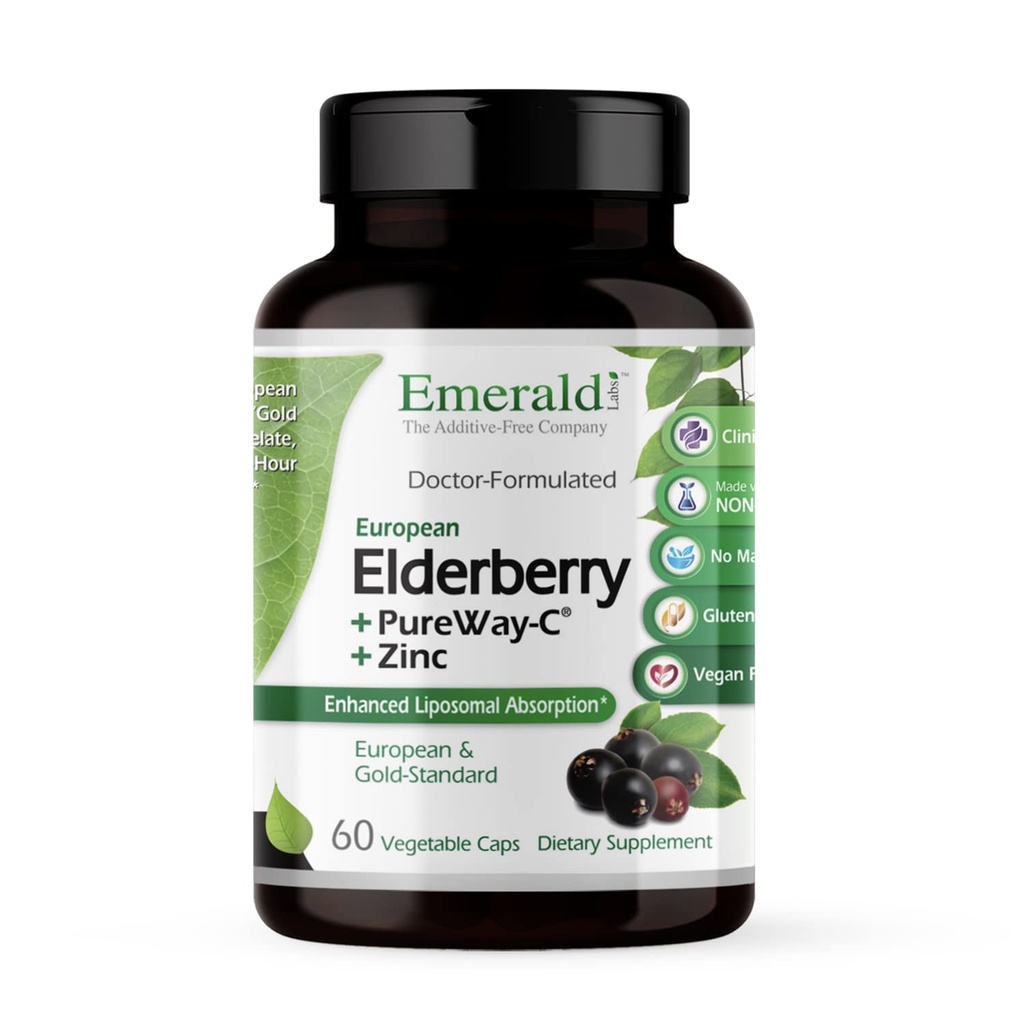 EMERALD LABS Elderberry Plus - Gremošanas un imūns atbalsts ar Eiropas plūmju ekstraktu, C vitamīnu kā PureWay-C & Albion Helated Cinc - Bez vegānu un glutēna - 60 Dārzeņu kapsulas (30 dienu piegādes)
