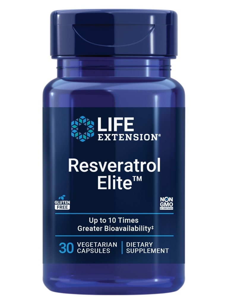 Life Extension Resveratrol Elite, Trans-resveratrol, Veselīga novecošana, Kardiovaskulārā veselība, Smadzeņu veselība, oksidatīvais stress, bezglutēna, ne-GMO, veģetārs, 30 kapsulas