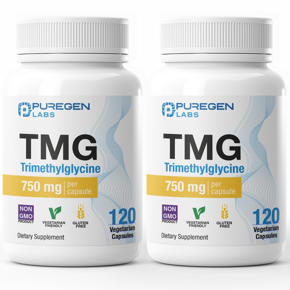 Puregen Labs TMG 750 mg – [High Potencial] Trimetilglicīna Papildinājums – Iedrošina veselīgu homocisteīna līmeni, ne-GMO, NO Gluten un Dairy ] Ražots ASV - 2 Iepakojums - Kopā 240 Veģetārās kapsulas