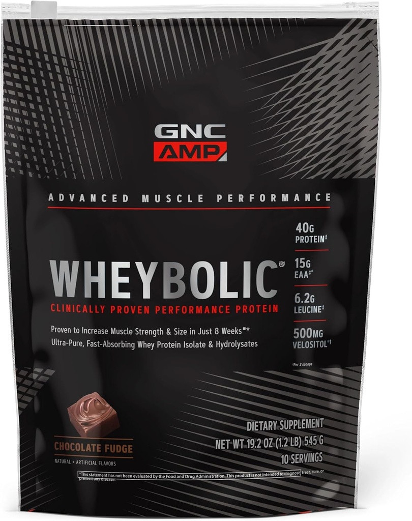 GNC AMP Wheybolic klīniski pārbaudīts olbaltumvielu pulveris, 40g sūkalu proteīns, BCAA, leicīns, Palielina muskuļu spēku, Muskuļu ēka, 3 Party Tested, Šokolādes fudge, bez lipekļa, 10 Kalpo