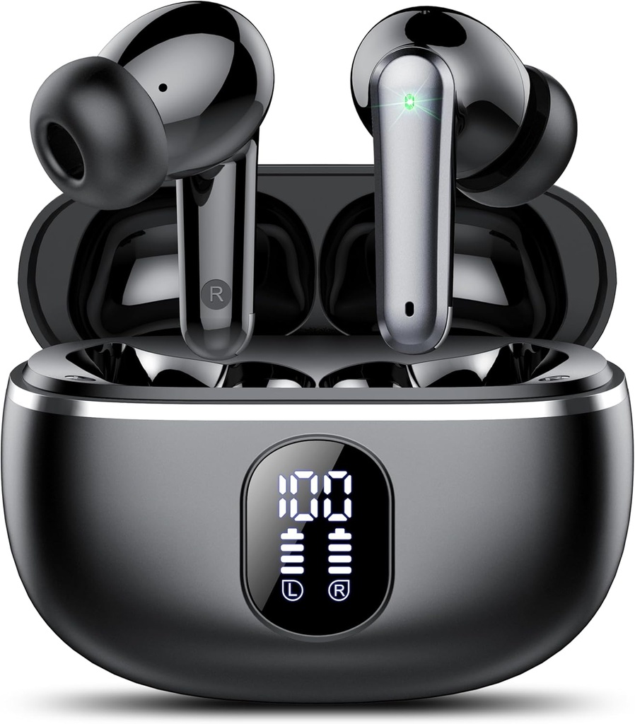 Bezvadu earbuds, Bluetooth 5.3 Austiņas Big Bass Stereo, Ausu Buds ar troksni Atcelt Mic LED displejs, Ausu austiņas IP7 Ūdensizturīgs, 50H Playtime for Sports, Black