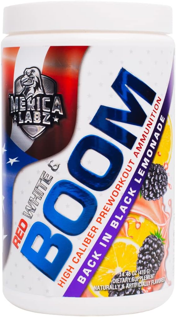 "Merica Labz Red, White, un Boom, High Calyber Pre Workout ar VasoDrive-AP®, 350mg kofeīns, Max enerģija, sūknis un Focus, palielināts asins plūsmas un muskuļu apjoms, 20 Kalpo (Atpakaļ melnā citronāde)