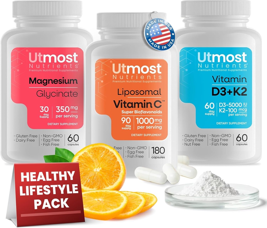 Liposomālais C vitamīns ar Super Bioflavonoids 1000MG (180 kapsulas), D3 vitamīns ar K2 5000IU (60 kapsulas) un magnija glicināts 350MG (60 kapsulas) – bez GMO, bez lipekļa;