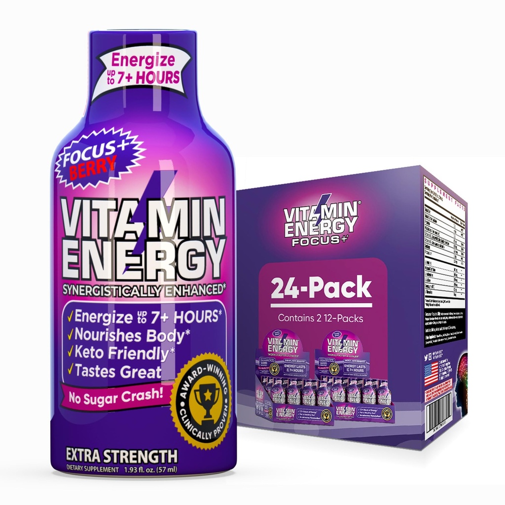 Vitamīnu enerģija Focus+ Extra Strength Energy Shot Berry 24 Pack, 260mg Dabīgais kofeīns, B-vitamīni, CoQ10, aminoskābes, Focus, Produktivitāte un skaidrība, Nulles cukurs, bez lipekļa, 1.93 fl oz