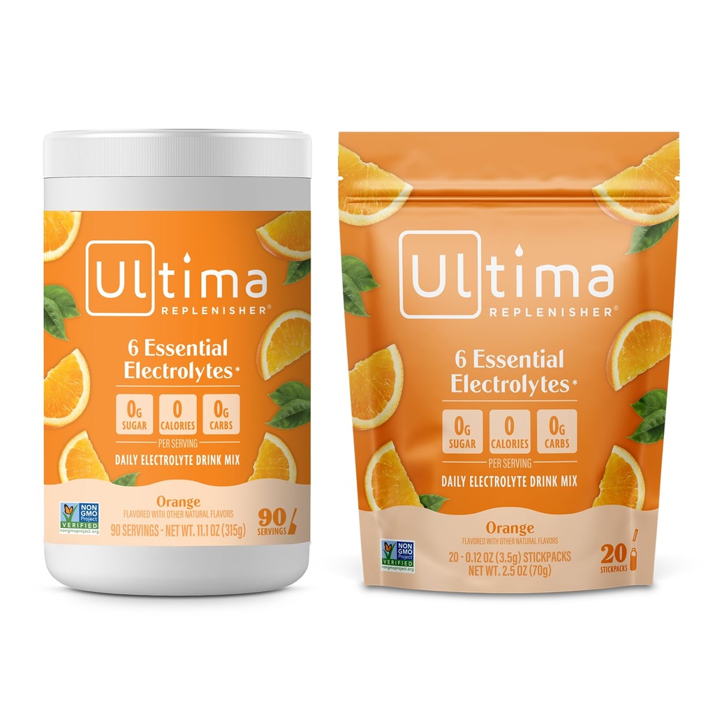 Ultima Replenisher Electrolyte Powder Drink Mix Bundle – Bezcukura – Oranža, 90 Kalpošanas konteiners un 20 Stickpacks – 6 Elektrolīti un minerāli – Keto Friendly, Vegan, Non-GMO