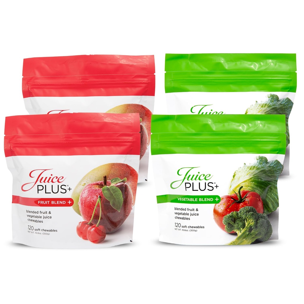 SuicePlus+ Augļu un dārzeņu blend Soft Chews - Garšīgs Vegan Augļi, Veggie Gummy Vitamīni pieaugušajiem un bērniem - 4 mēnešu Piedāvājums 4 iepakojumi (2 no katras garšas)