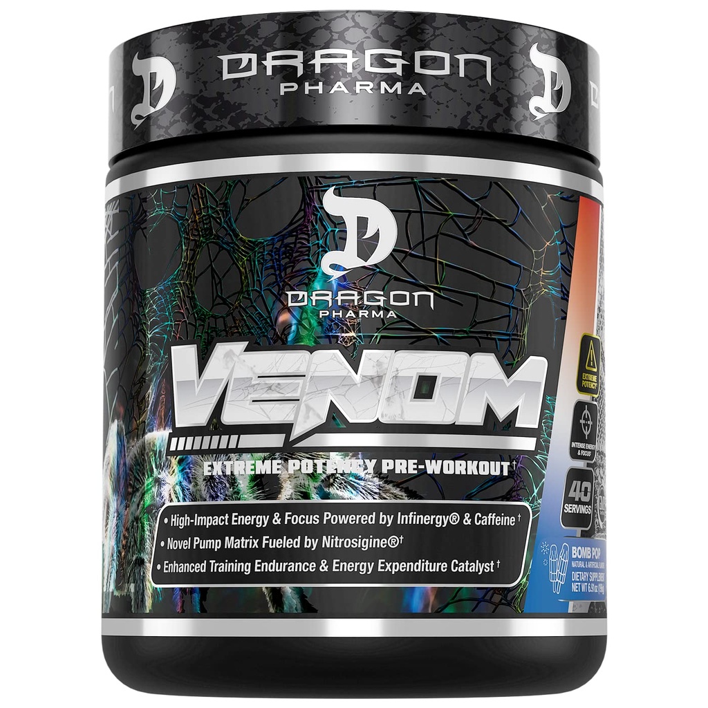 DRAGON PHARMA Venom Extreme potencial Pre-Workout, Laser Sharp Focus + enerģija, Intensīva veiktspēja, pierādītas sastāvdaļas pastiprinātai vazodilatācijai un izturībai (40 Servisi, Bumbu pops)