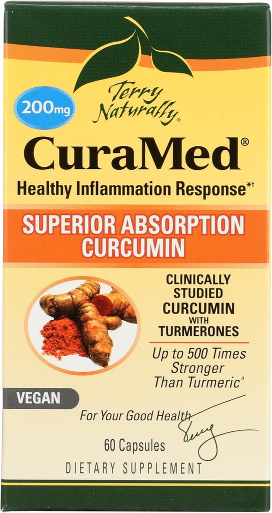 Terry Dabīgs CuraMed 200 mg - 60 Vegan Softgels - Superior Absorbcija BCM-95 Kurkumīna papildinājums, veicina veselīga iekaisuma reakciju - bez GMO, bez lipekļa, košera - 60 Kalpo