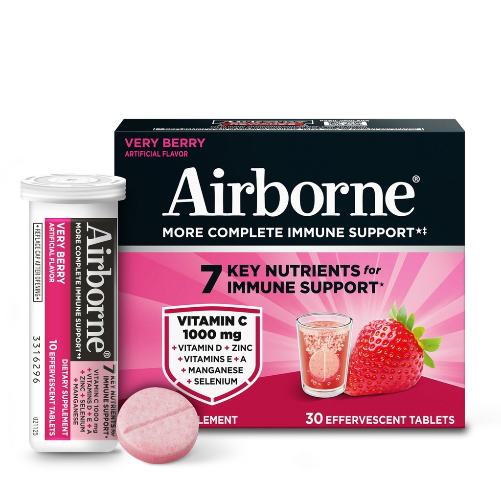 Airborne 1000mg C vitamīns ar D vitamīnu + Cinka Cukuru nesaturošs multivitamīns Imūnu atbalsts Putojošas ziežamās tabletes, ļoti ogu uzliesmojums ar spēcīgiem antioksidantiem VIT A C & E, 30 tabletes