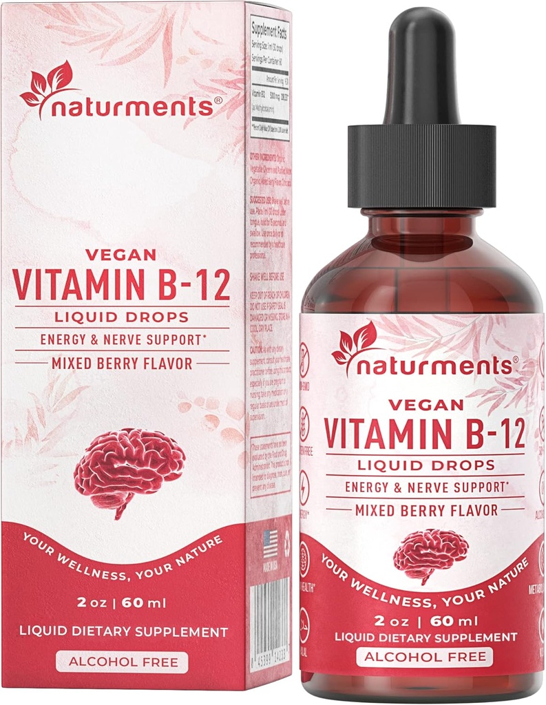 Piesātinājumi vitamīns B12 5000 μg Organiskais šķidrums Pilieni: Enerģija un nervu atbalsts - Vegāns Alkohols bez, ne-GMO, bez cukura 2 Fl Oz