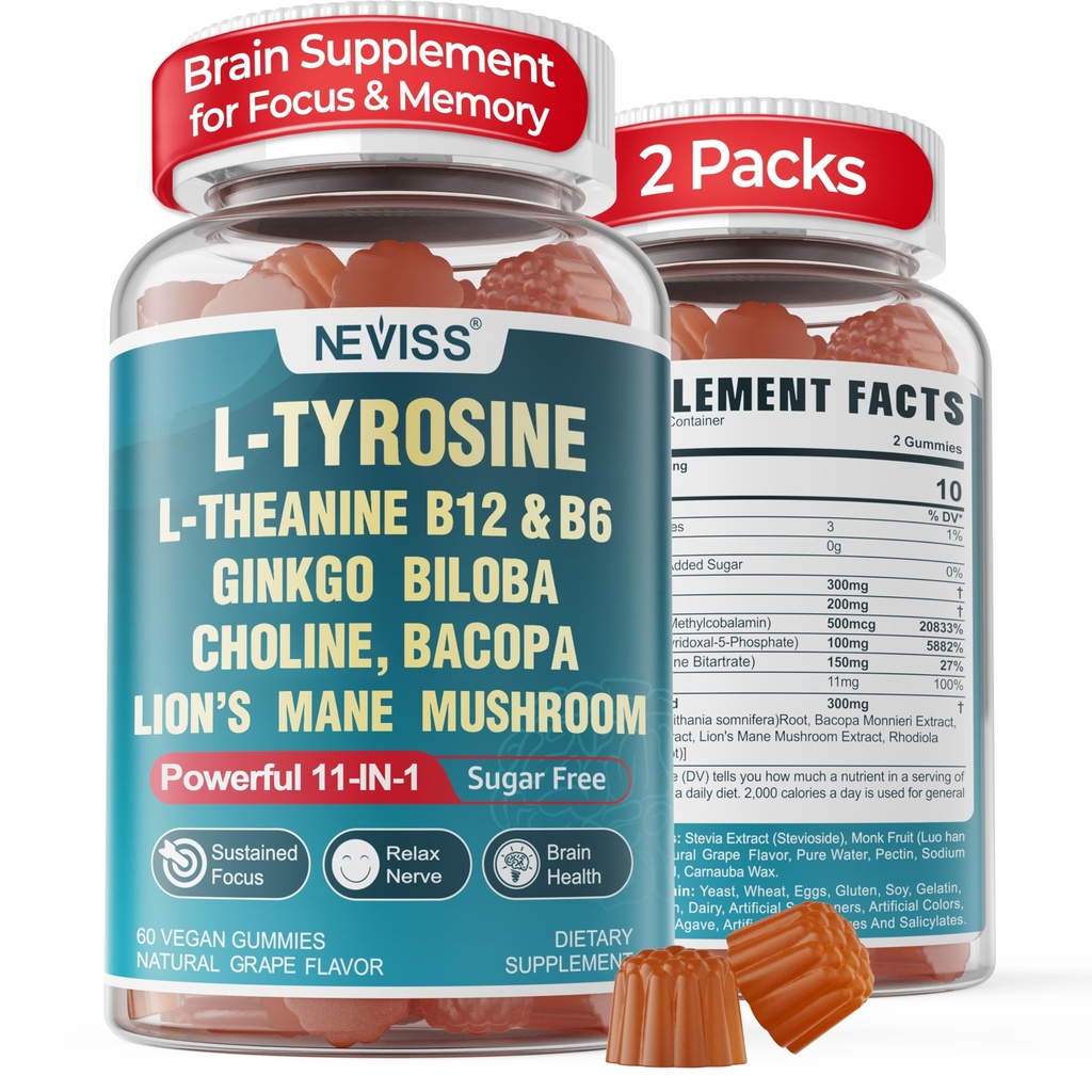 11-IN-1 Smadzeņu papildinājums atmiņai un fokusam ar L-tirozīna L-teanīnu, metilēts B12 & B6, Lion's Mane Mushroom, Ginkgo Biloba, Bacopa Monnieri, Focus, Nootropic, Energy, 2Packs