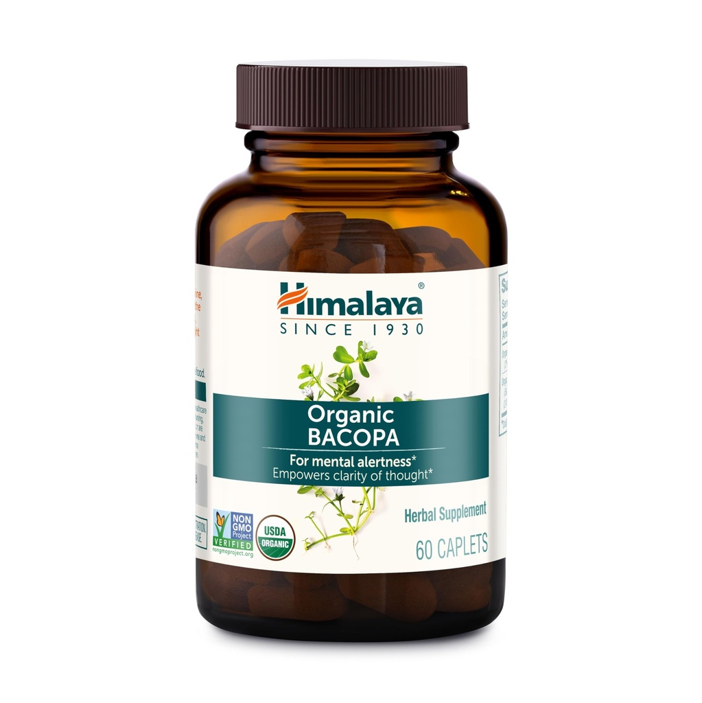 Himalaja Bacopa Monnieri Nootropic Herbal Papildinājums, Atbalsta Calm, Atmiņa, Cognition, USDA Certified Organic, Non-GMO, 750 mg, 60 Augu bāzes Caplets, 60 dienu piegādes