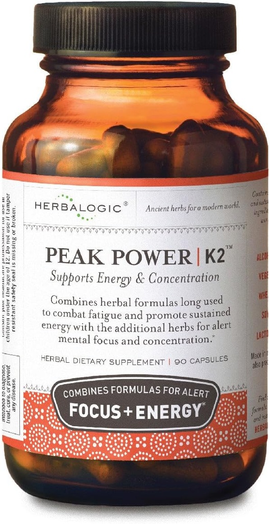 Herbalogic - Peak Power Capsules - Dabas enerģija & Focus - Garīgā koncentrācija - Satur amerikāņu žeņšeņs & Astragalus - 90 Cap Count
