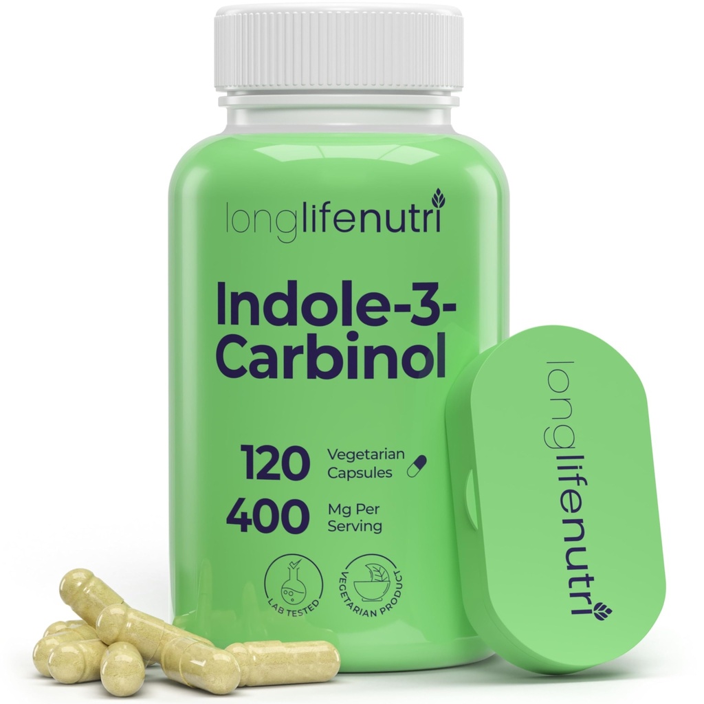 LongLifeNutri Indole-3-Carbinol 400mg - 120 Vegeterian Capsules, 4-Mēness Supply, Organic Papildinājums Hormonu balanss un šūnu veselību, Lab Tested, Ražots ASV