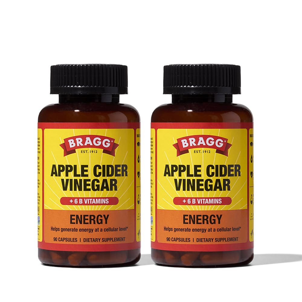 Bragg Energy Apple Sidra Etiķis Kapsulas ar B-12 vitamīniem - 90 kapsulas (2 iepakojumi) - Svara vadība - ne-GMO, Vegan, bez lipekļa - palīdz radīt enerģiju šūnu līmenī vīriešiem un sievietēm