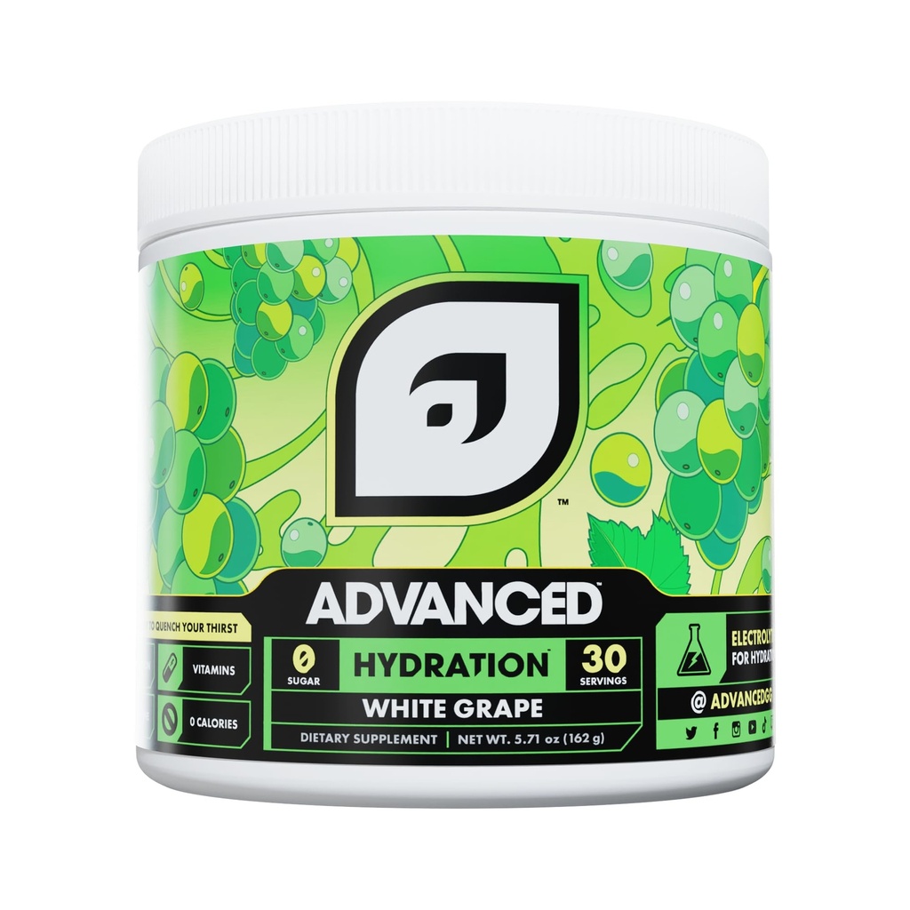 Advanced Hydration High-Performance Elektrolītu Dzēriens Maisījums ar B Vitamīniem visu dienu hidratācijai - bez kofeīna, nulles kalorijām, bez cukura, & Keto Friendly - (30 Kalpojumi, baltās vīnogas)