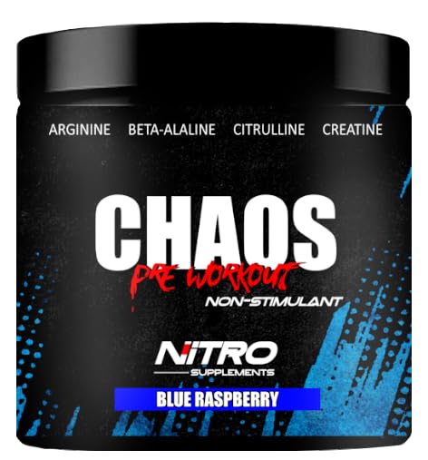Nitro piedevas - Chaos - Non Stim Pre-Workout (30 Sevings) Beta-Alanīns, L-Citrullīns, Arginīns, Kreatīns, Taurīns Bez Stimulators (30 Kalpo, Zilais Avenes)