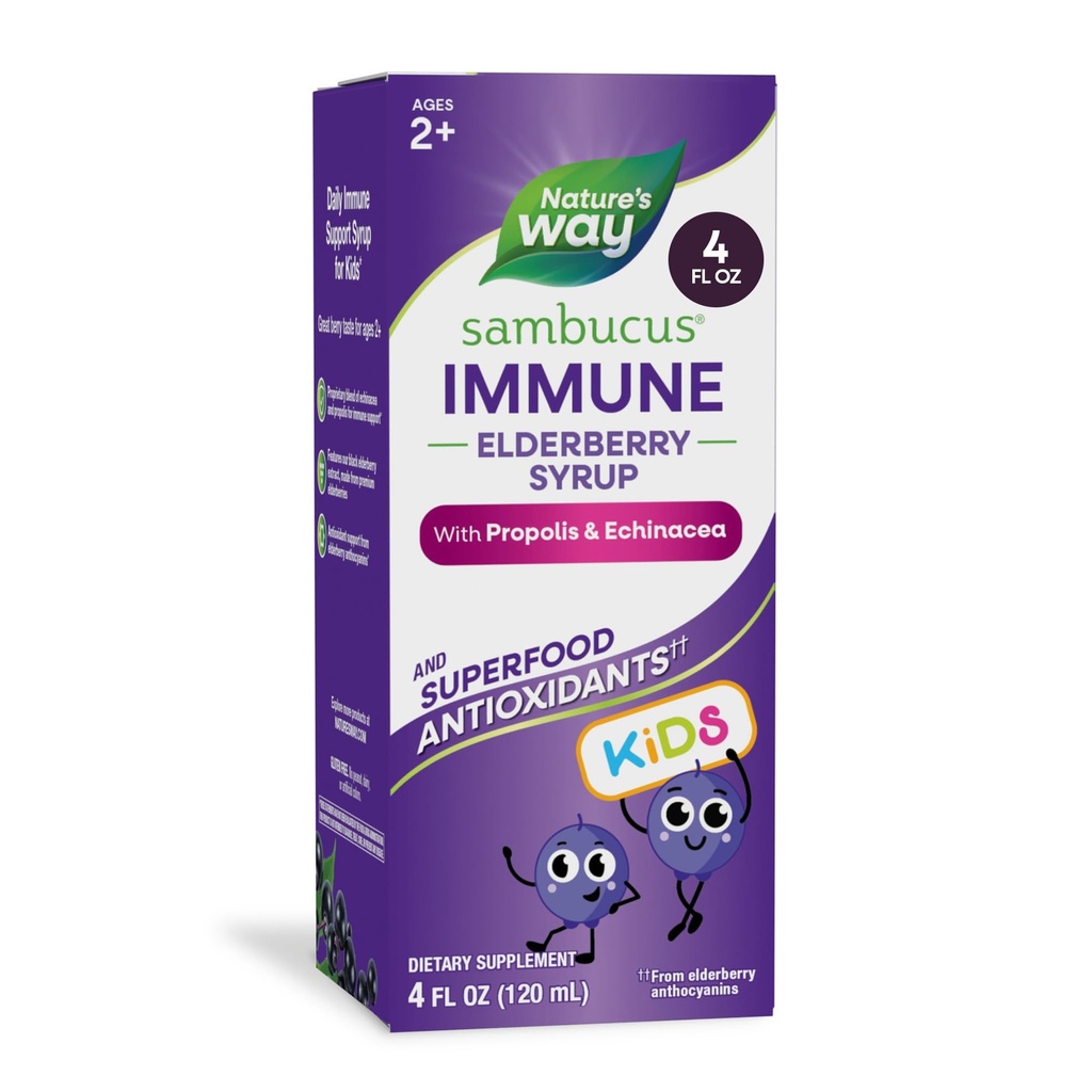 Dabas ceļš Sambucus Elderberry Immuno syrup for Kids Ages 2+, ar Echinacea & Propolis, Immuno Syrup*, Vegetarian, Berry Flavored, 4 Fl Oz
