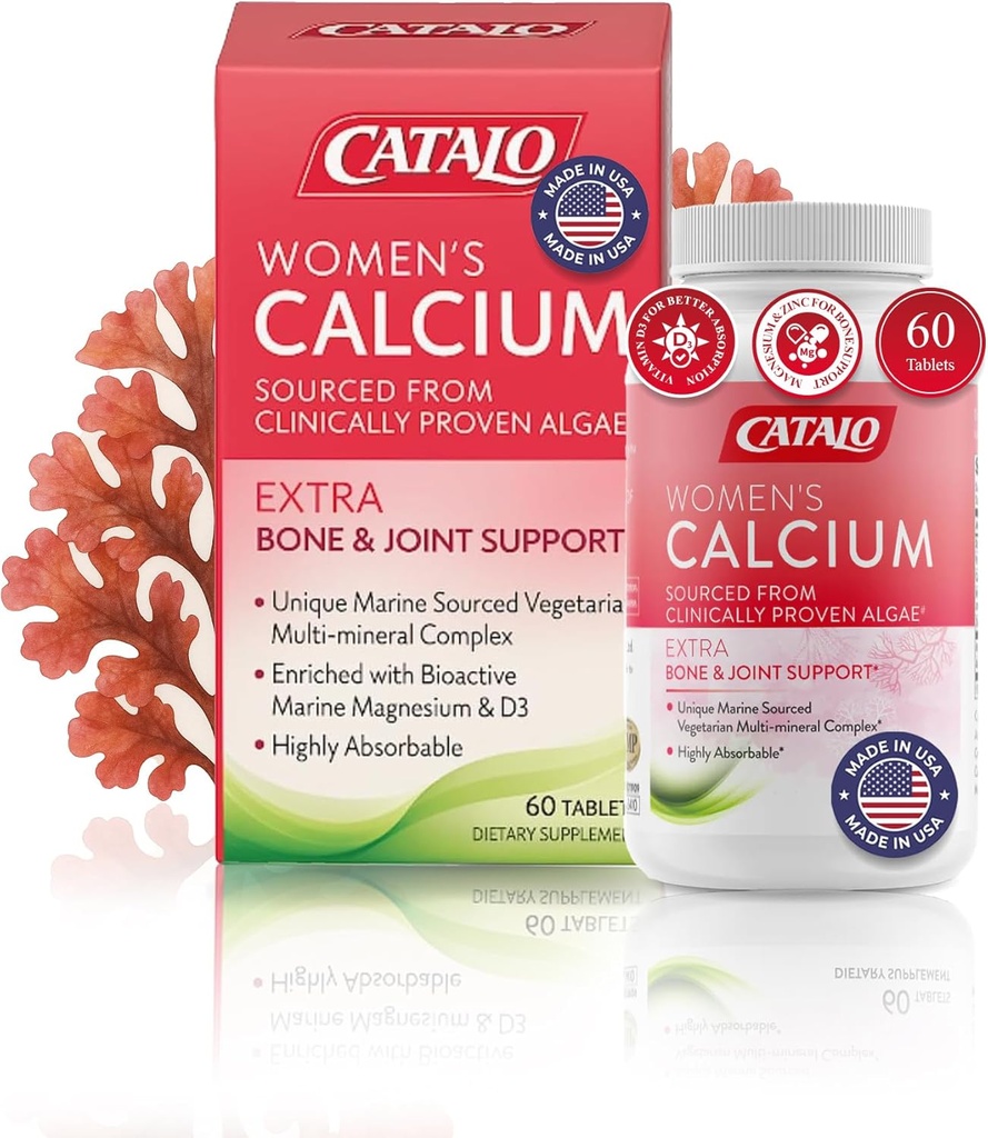 CATALO sieviešu kalcijs ar AquaminTM sarkano aļģes - augu bāzes jūras kalcija papildinājums ar vitamīnu D3, magnijs un cinks - augstas absorbcijas formula - 60 tabletes
