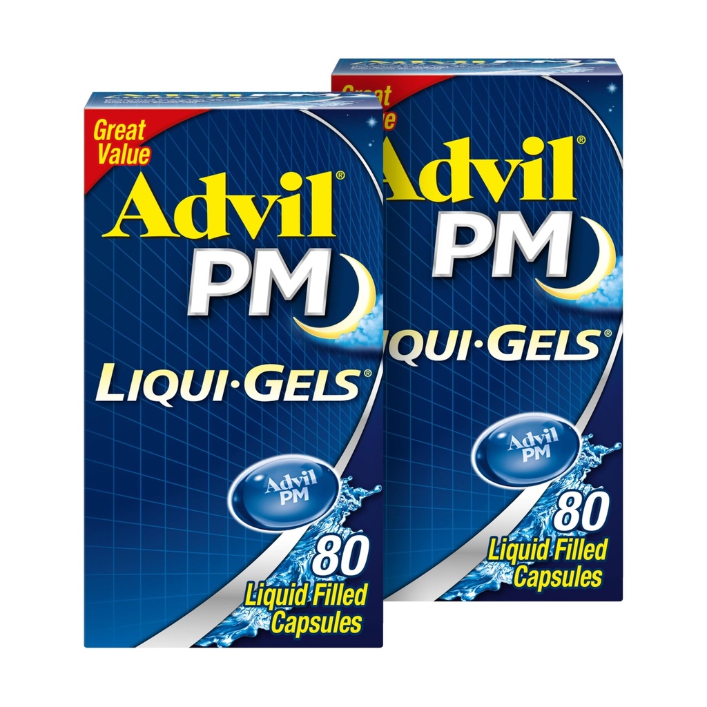 Advil PM Liqui-Gels sāpes Reliver un nakts miega palīglīdzeklis, sāpes Medicīna ar Ibuprofēnu sāpju mazināšanai un difenhidramīna HCL miega palīglīdzeklim - 2x80 šķidrās pildītās kapsulas