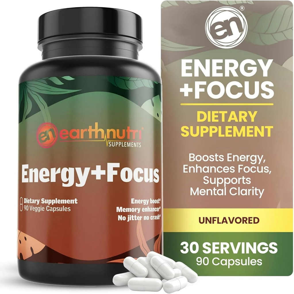 EarthNutri Energy + Focus pielikums - Enerģijas palielināšana un atmiņas uzlabošana ar PeakO2, AlphaSize, Cognizin, PurCaf, Theacrine, Acetyl L-karnitīns un L-tirozīns - 3 kapsulas Per Servē