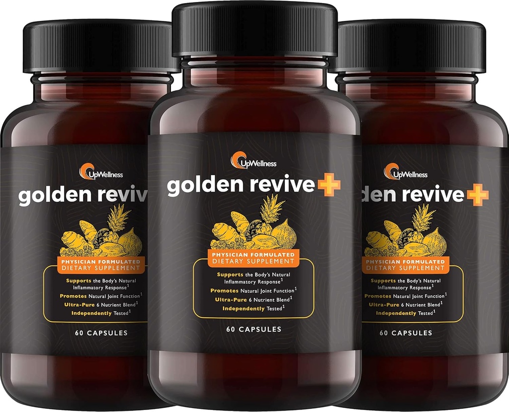 UpWellness Golden Revive + locītavu atbalsta papildinājums Featuring Turmeric ar melnajiem pipariem, Quercetin, un magnija Turmeric Boswellia Papildinājums - 6 Aktīvās sastāvdaļas - 60 Kapsulas, 3 iepakojums