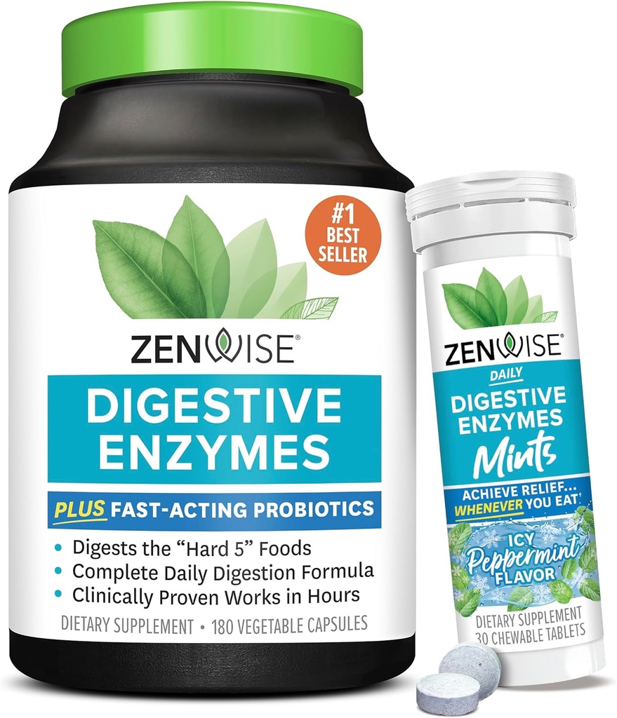 Zenwise Health Gremošanas enzīmi un piparmētru košļājamās – Gremošanas enzīmi, Probiotiskie multienzīmi ar probiotikām sievietēm un vīriešiem kapsulās un ērts košļājamās piparmētru
