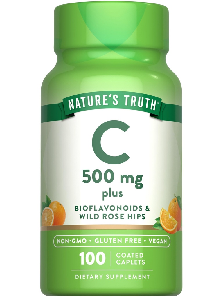 Dabas patiesība C vitamīns ar rožu gurniem un bioflavonoīdiem - 500 mg - 100 Caplets - Vegāns, bez GMO un lipekļa