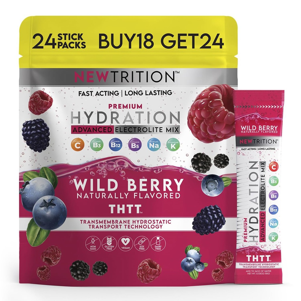 Hidratācijas pulveris, Wild Berry Pack of 24 Elektrolītu pulvera paketes, Dabīgi uzliesmojošas hidratēšanas paketes ūdenim, ātri darbojas Hydrate Elektrolīti ar vitamīniem B & C, enerģija un reģenerācija