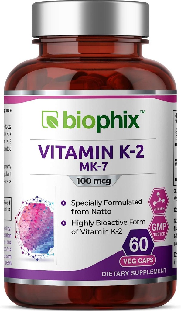 biophix vitamīns K2 MK-7-100 μg 60 Veg kapsulas - atbalsta spēcīgus kaulus Imūnā veselība