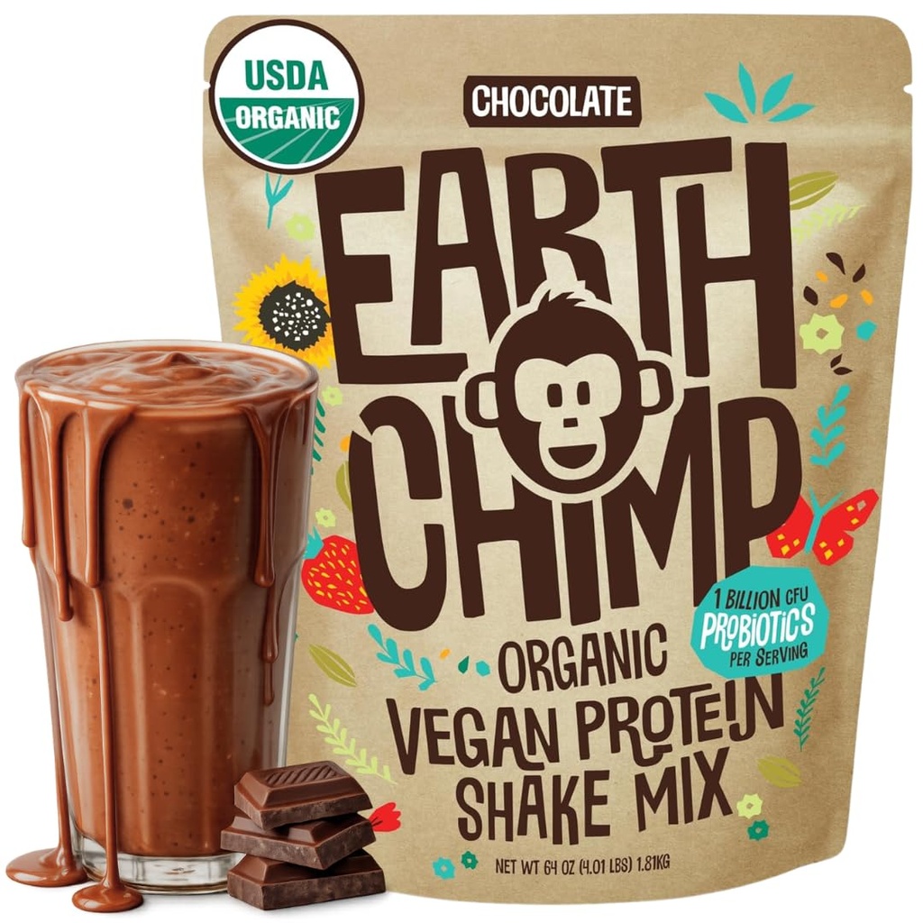 EarthChimp Organic Vegan Protein Pulveris - ar probiotikām - ne ĢMO, bez piena, non Shey, augu izcelsmes olbaltumvielu pulveris sievietēm un vīriešiem, bez lipekļa - 52 Servējumi, 64 Oz (šokolāde)