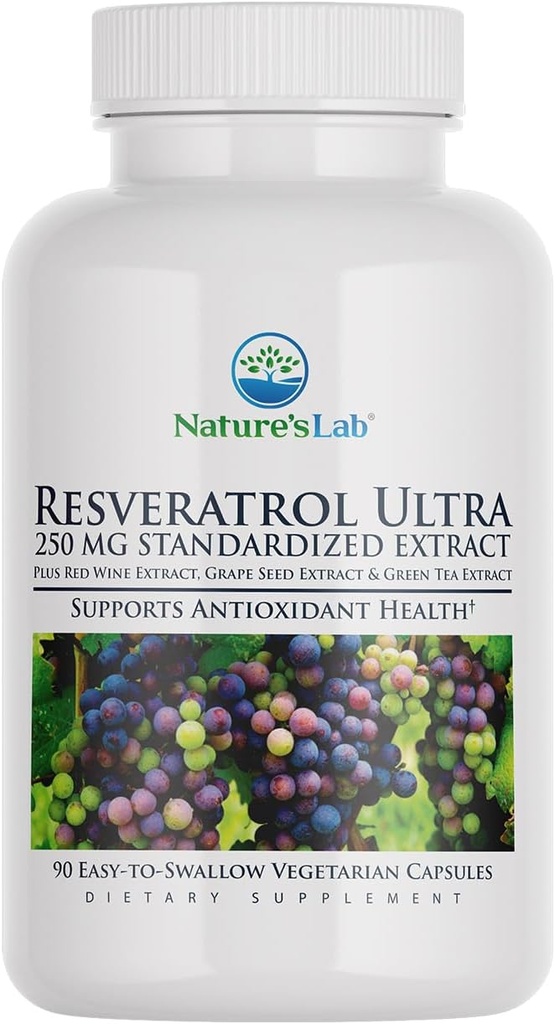 Dabas laboratorijas Resveratrol Ultra - Antioksidants Papildinājums* - 250mg Trans-Resveratrols, Sarkanā vīna ekstrakts, Zaļās tējas ekstrakts- No-GMO, bez glutēna, Vegan - 90 Skaits (3 mēnešu piegādes)
