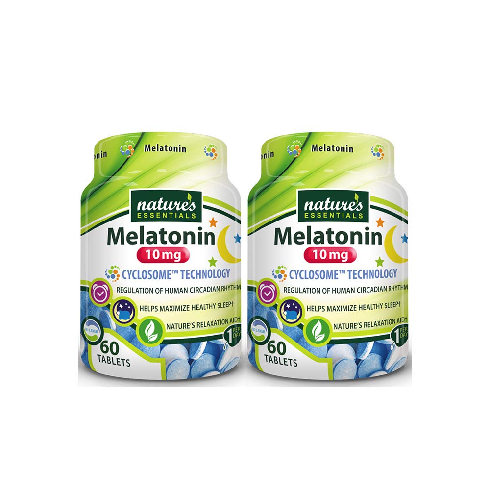 NATURE ESSENTIALS Melatonīns 10 mg ; Tūlītēja un paplašināta ; Uzlabota Cyclosom Liposomālā Piegāde; Ne-GMO; Bez lipekļa; Veģetārietis; 60 tabletes (2 Iepakojums)