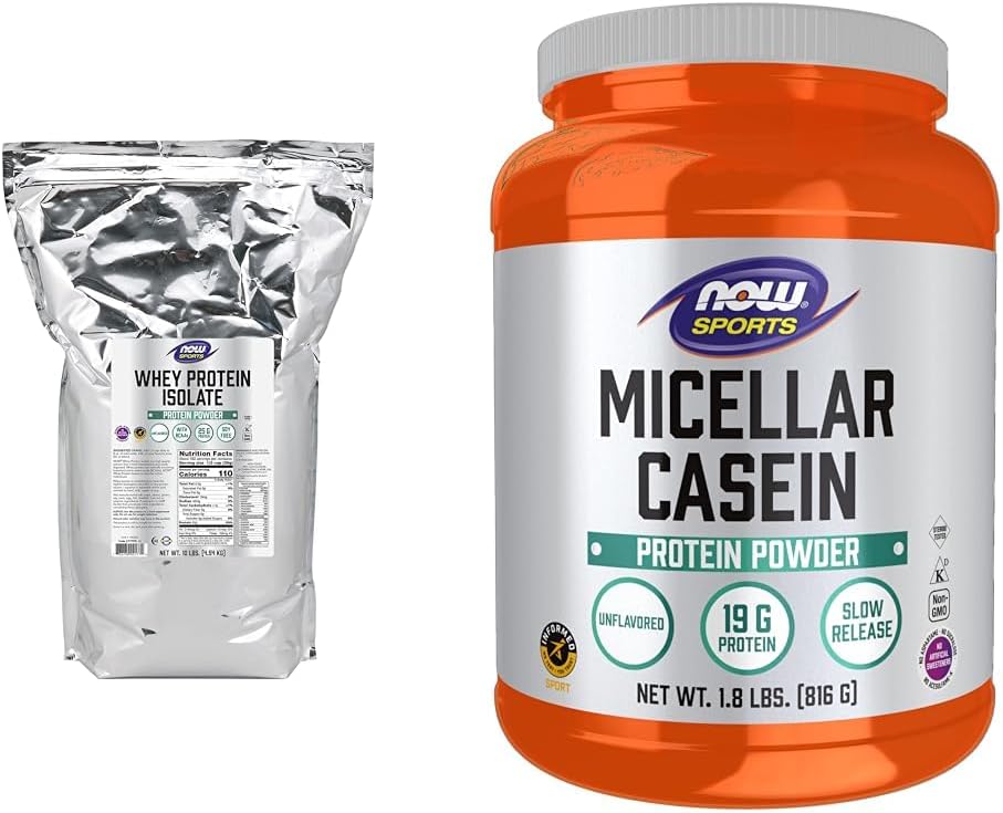 NOW Sports Nutrition, Sūkalu olbaltumvielu izolāts, 25 g ar BCAA, Neuzliesmojošs pulveris, 10-Pound & Sports Nutrition, Micellar Casein 19 g, Lēni atbrīvot, Neuzliesmojošs pulveris, 1,8-Pound